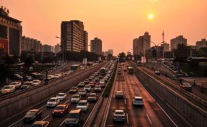 Automobili na putu tokom zalaska sunca.