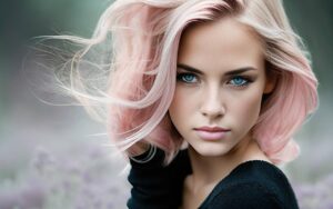 Žena sa svetlo pink kosom i plavim očima