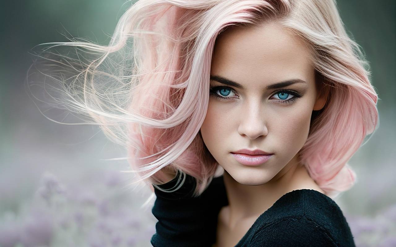 Žena sa svetlo pink kosom i plavim očima