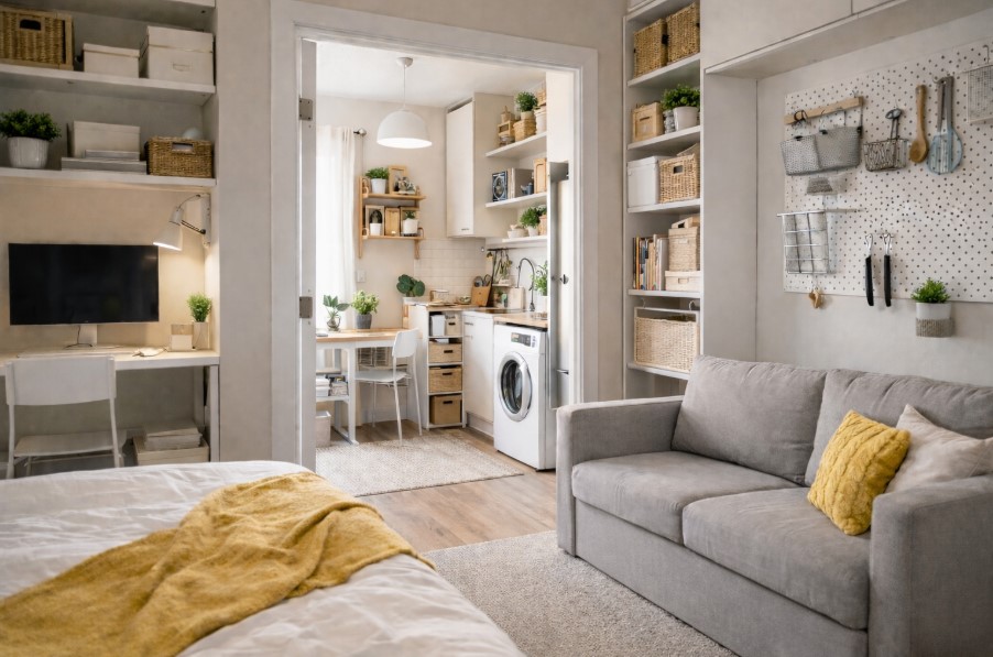 Sređen stan sa sivim kaučem, krevetom mašinom za veš u maloj kuhinji.