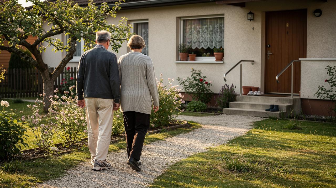 Stariji par hoda stazom kroz cvećnjak prema ulazu u kuću