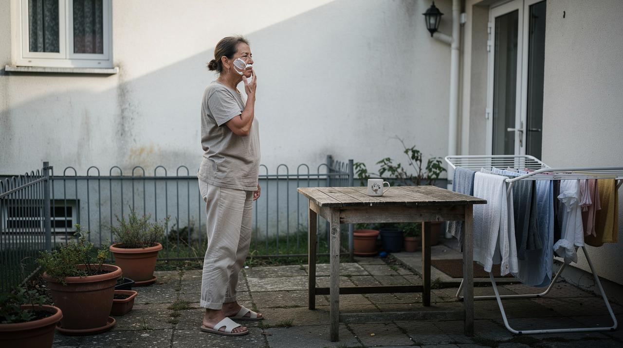 Žena stoji na terasi i maže kremu po licu
