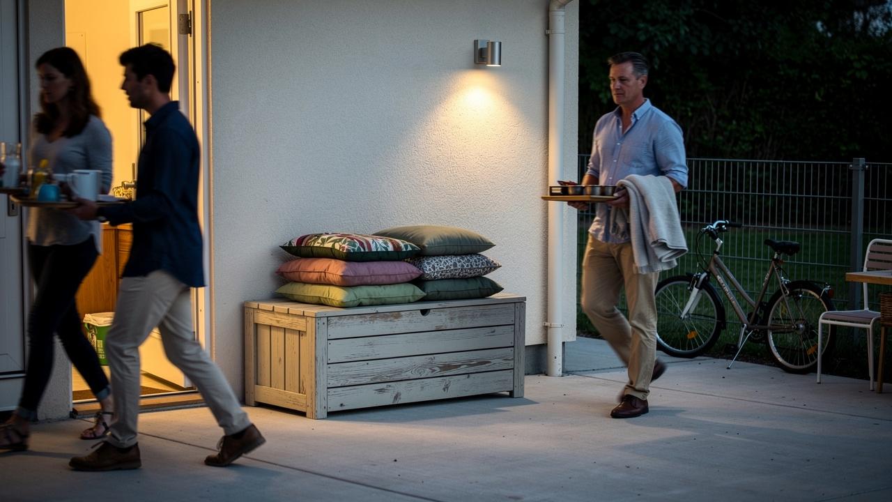 Ljudi nose poslužavnik na terasu pored drvene kutije sa složenim jastucima