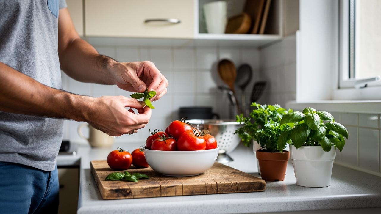 Muškarac trga listove bosiljka iznad činije sa crvenim paradajzom na drvenoj dasci