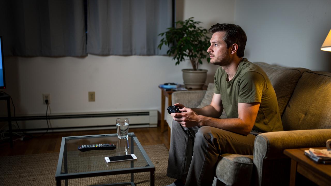 Muškarac sedi na kauču i drži džojstik dok igra video igru.