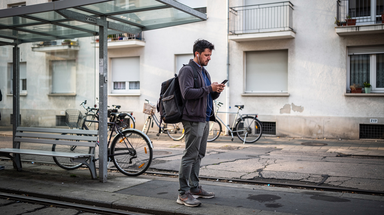 Muškarac sa ruksakom stoji na tramvajskoj stanici i gleda u telefon