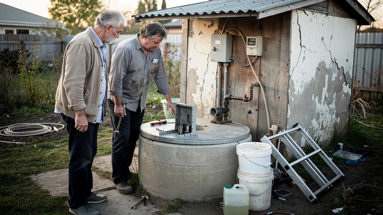 Dvojica muškaraca pregledaju pumpu na betonskom bunaru pored male kućice