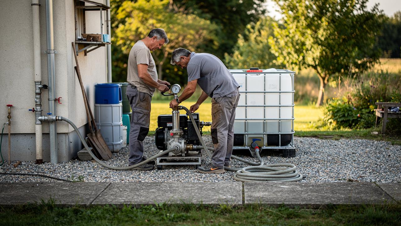Dva muškarca podešavaju pumpu povezanu sa velikim plastičnim rezervoarom