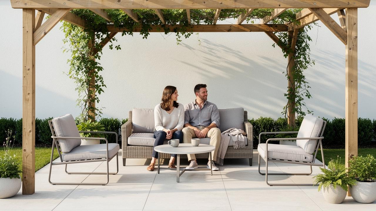 Par sedi na dvosedu ispod drvene pergole u moderno uređenom dvorištu