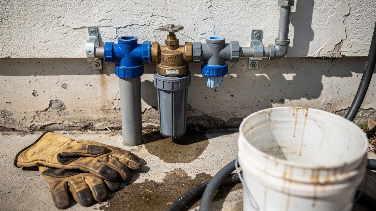 Vodni filter i ventili na spoljnjem zidu pored baštenskih rukavica i bele kante