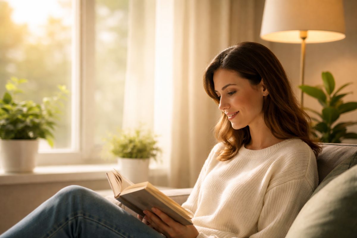 Žena sedi na fotelji i čita knjigu..