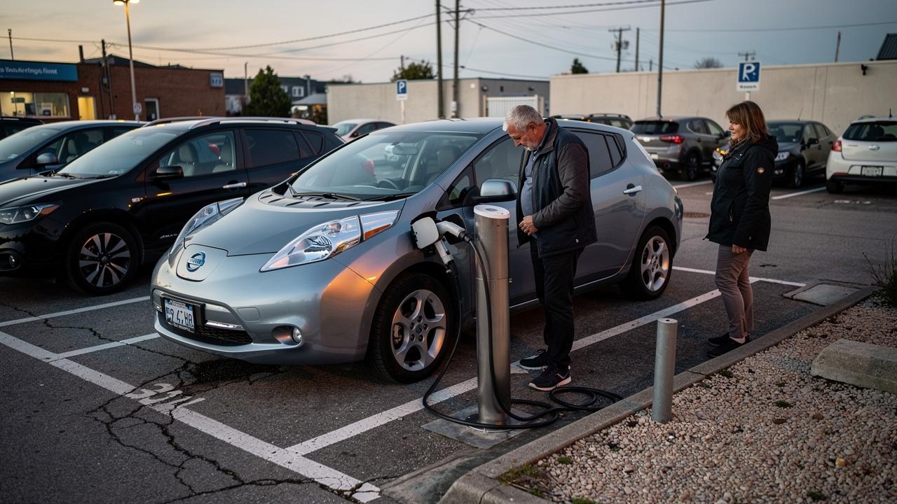 Muškarac priključuje električni automobil na punjač dok žena stoji pored