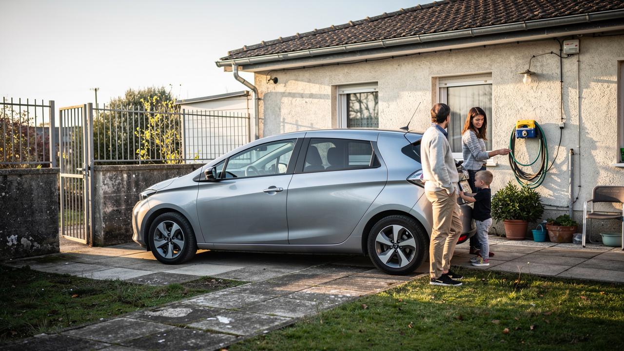 Porodica stoji pored srebrnog automobila na prilazu kuće dok dete stoji kod prtljažnika