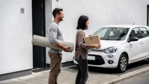 Par nosi kutiju i urolovan tepih ispred ulaza pored parkiranog belog automobila