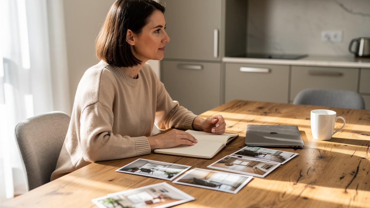 Žena sedi za drvenim stolom i pregledava fotografije dok zapisuje u svesku