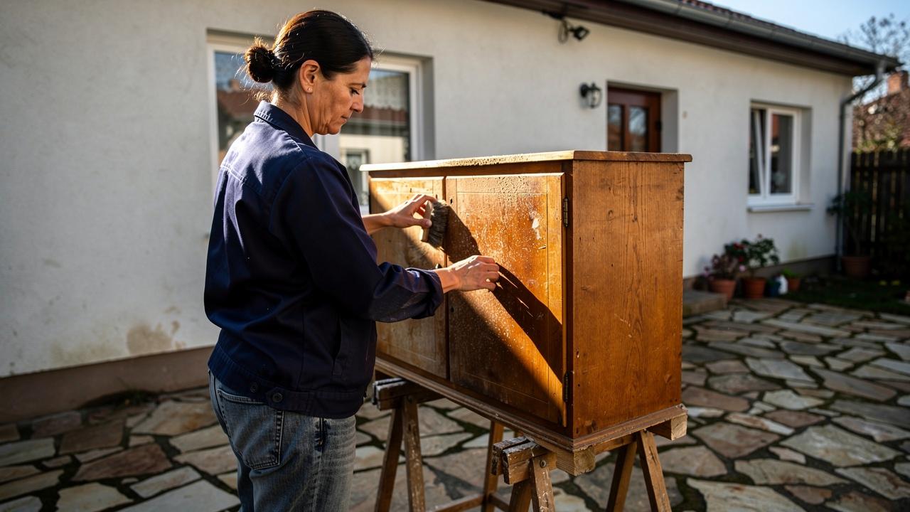 Žena brusi drvenu komodu postavljenu na stalku ispred kuće