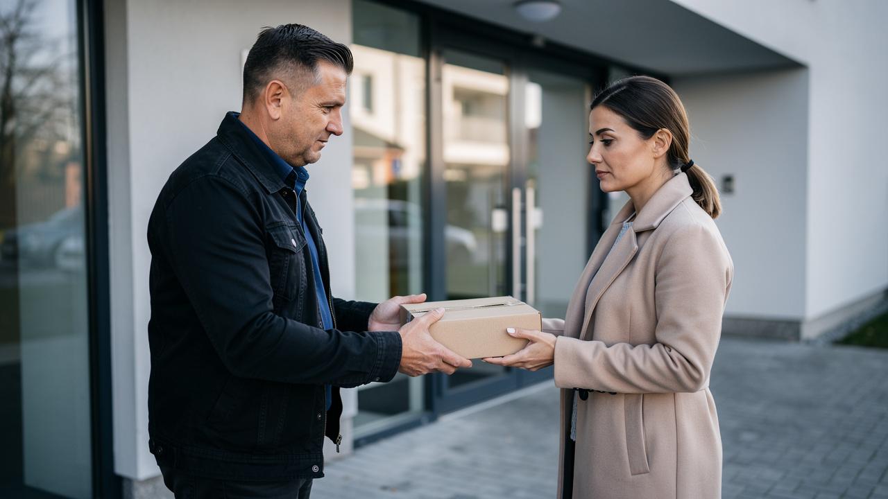 Kurir predaje kartonsku kutiju ženi ispred ulaza u zgradu