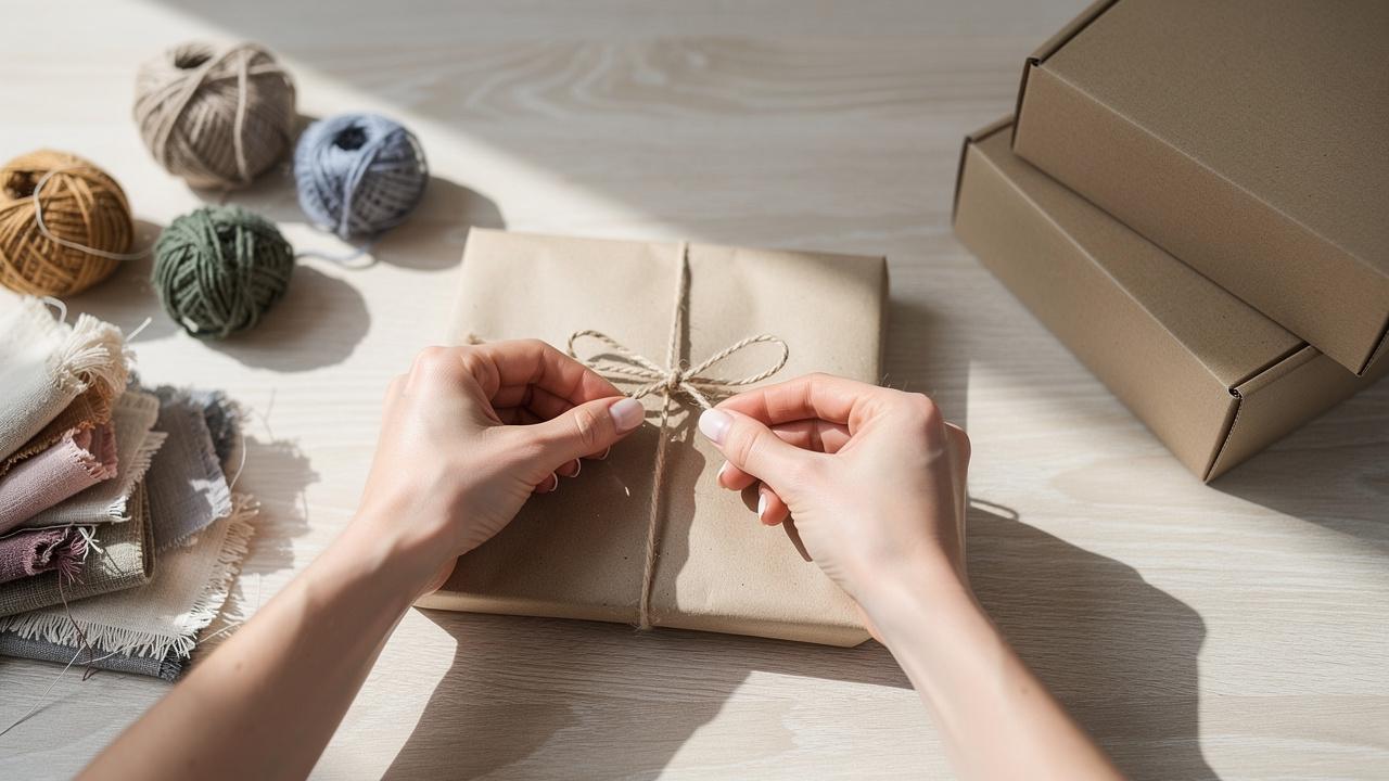 Ruke koje vezuju mašnu na paketu omotanom smeđim papirom
